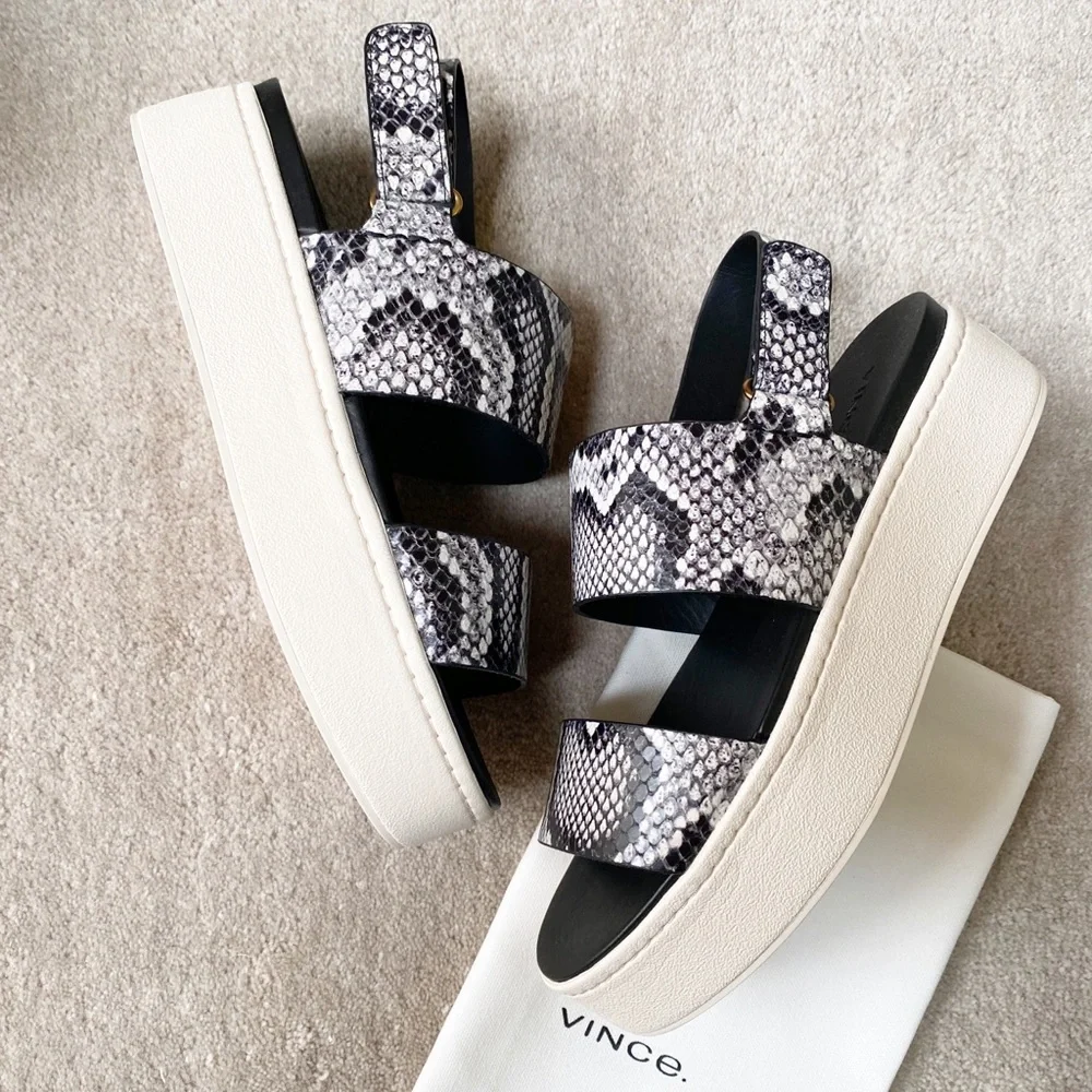 VINCE Animal Print Leather Wedge Sandals